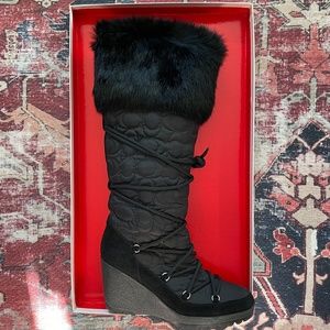 Coach Sofie High Shaft Quilted C Wedge Fur Boot - Black 8